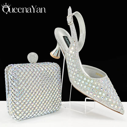 Coffee Color Elegant Lady Shoes And Bag Set with Full Rhinestone Embellished Pearls-knot And Comfortable Heel