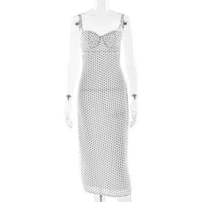 Polka Dot Spaghetti Strap Sexy Midi Dress Women Elegant Off-shoulder Backless Sleeveless Bodycon Club Party Dress