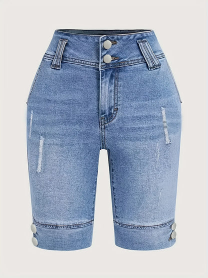 Ladies' Blue Double-Buckle Waist Slim Fit Jeans