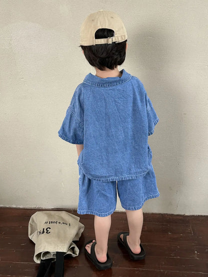 Summer Baby Girls Boys Cotton Alphabet Half Zip Denim T-Shirt Tops+Shorts Pant School Kids Tracksuit Child 2PCS Outfit 1-12Years