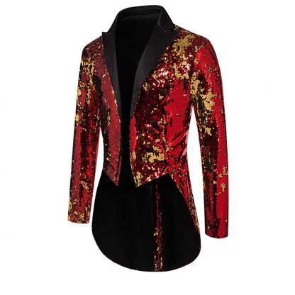 2026 Men's Blue Metallic Shiny Sequins Tuxedo, Performance,Party Dress Coat, Fashion Long Cardigan Suit Jacket,Red, Gold Blazers