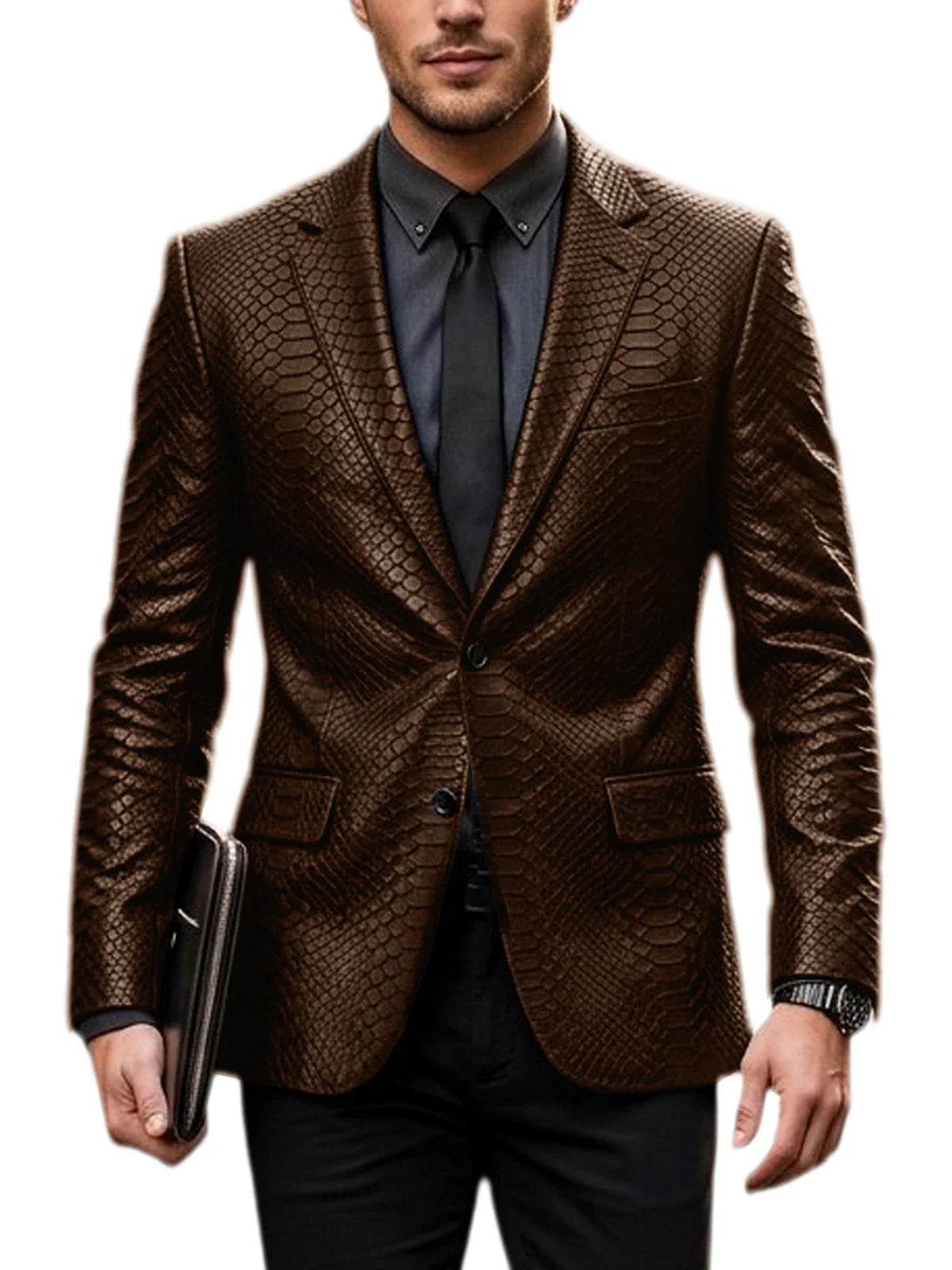 Men's Luxury Crocodile Pattern Leather Blazer Slim Fit Two Button Notch Lapel Suit Jacket Business Casual Wedding Tuxedo Dress