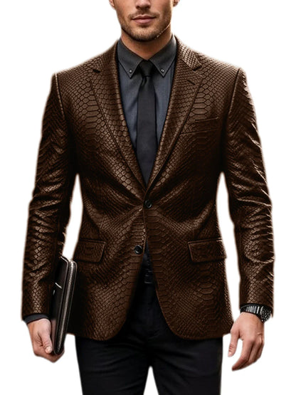 Men's Luxury Crocodile Pattern Leather Blazer Slim Fit Two Button Notch Lapel Suit Jacket Business Casual Wedding Tuxedo Dress