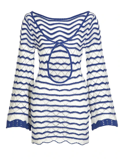 Reto Blue Striped Bell Sleeve Knit Dress Sexy V-neck Cut Out 2025 Summer Women Seaside Holiday Mini A-Line Dresses K123