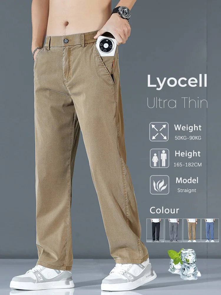 Ultra-thin Lyocell Fashion Loose Casual Pants Men Spring Summer Korean Straight Stretch Brand Trousers Male Clothing Wide Pants