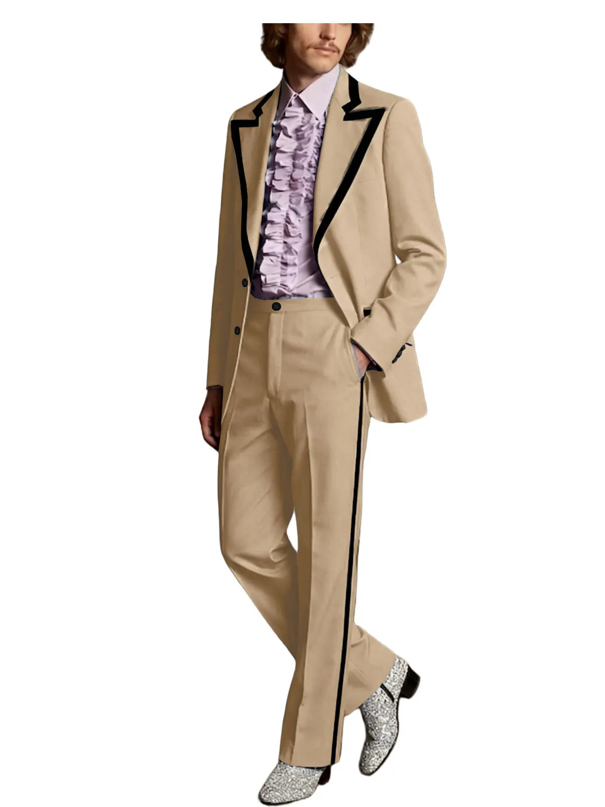 Men's Tuxedo Suit with Black Trim 2-Piece Slim Fit Blazer Pants Set Business Casual Jacket Straight Leg Trousers Formal Outfit