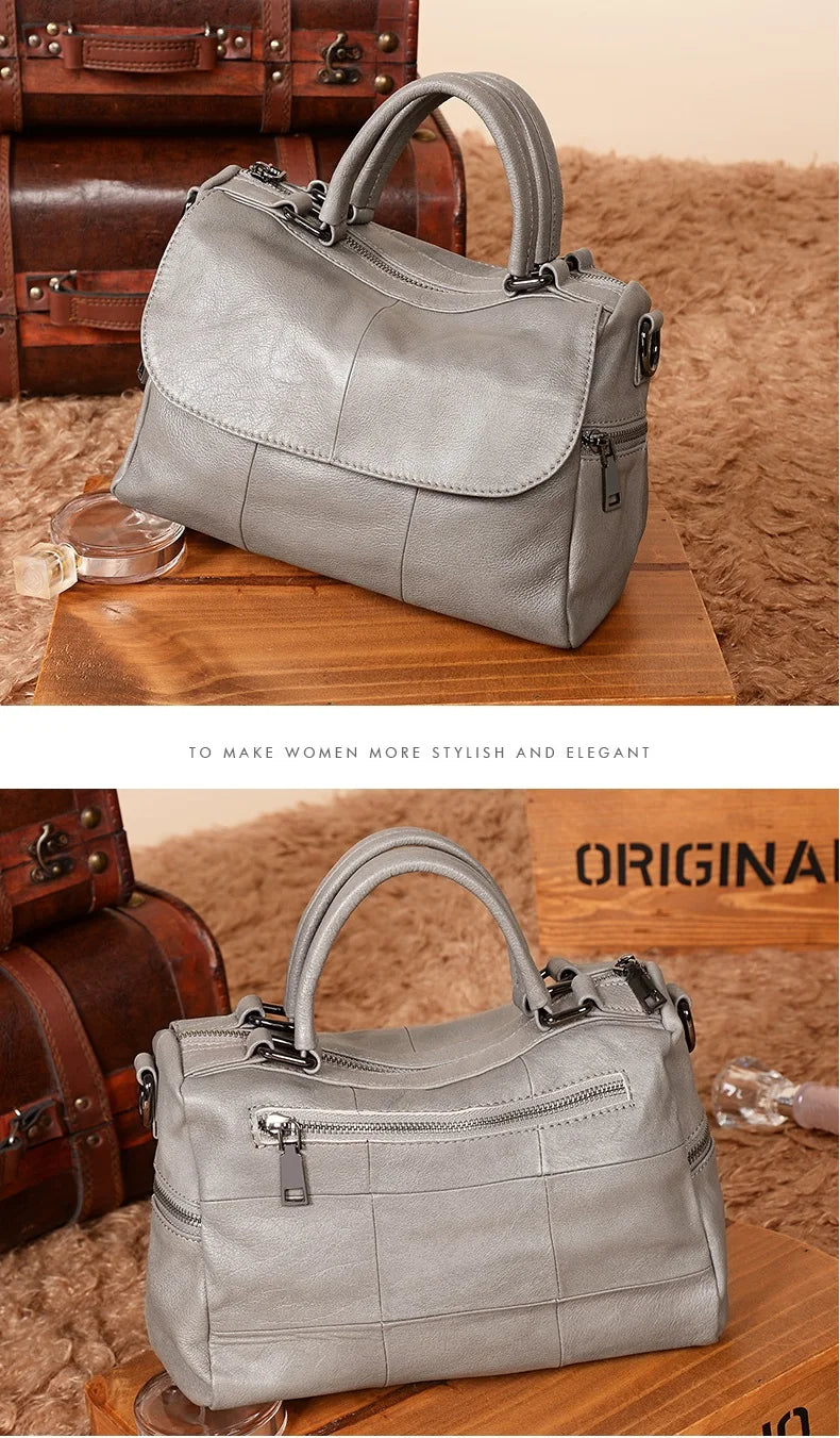 Women Natural Leather Handbags Female Bag High Quality Solid Color Zipper Shoulder Crossbody Bag Cowhide Tote Top-Handle Bags
