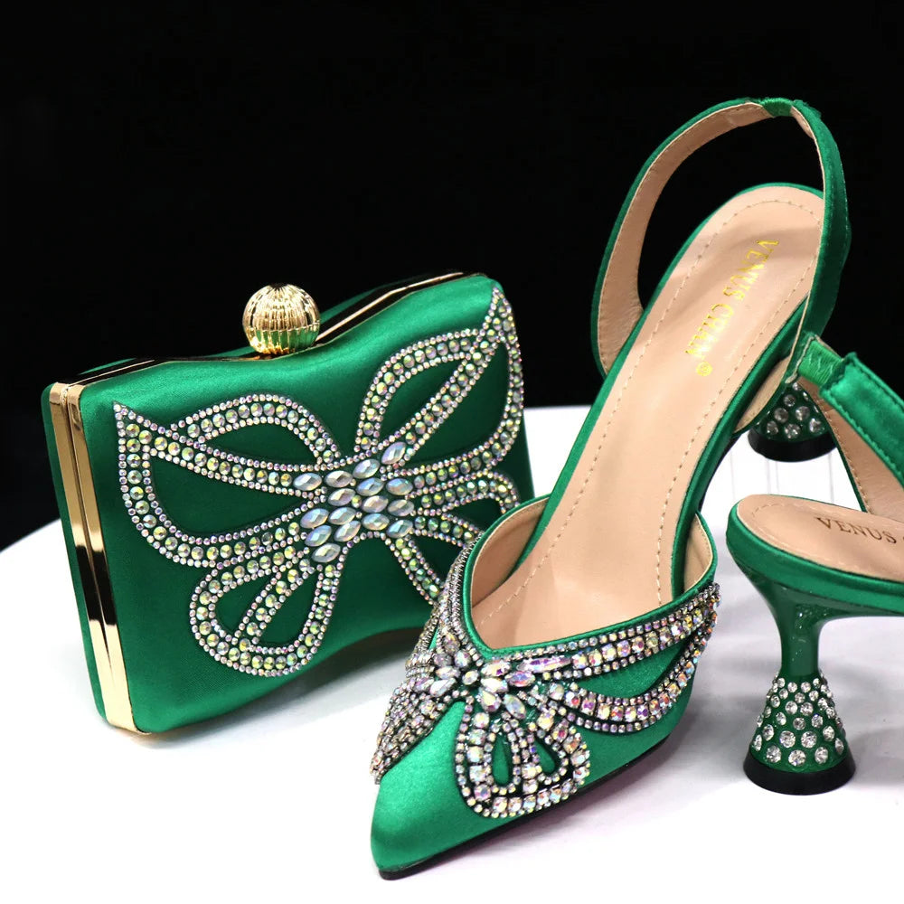 New Elegant Green Bling Bow Pointed Toe Pumps for Women 2024 Party italian Rhinestones shoes and bags matching set