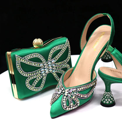 New Elegant Green Bling Bow Pointed Toe Pumps for Women 2024 Party italian Rhinestones shoes and bags matching set