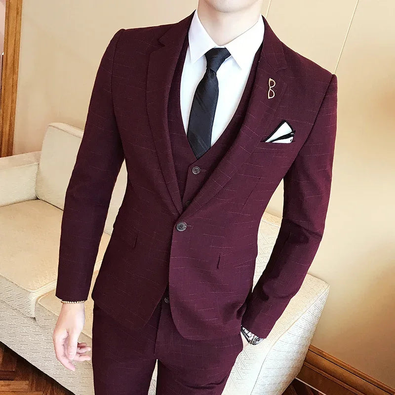 Blue Men Classic Striped/Checked Suits, Asian Size Slim Fit Business Office 3-Piece Sets, Black/Gray and Red Available.