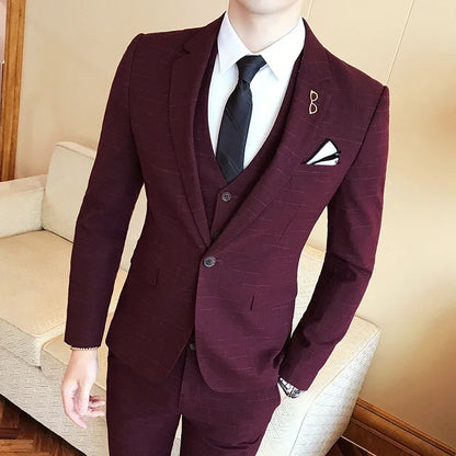 Blue Men Classic Striped/Checked Suits, Asian Size Slim Fit Business Office 3-Piece Sets, Black/Gray and Red Available.