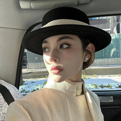 Fashion Formal Top Hat for Women Wide Brim Elegant Flat Felt Hat Retro Warm Fedoras Hats for Party