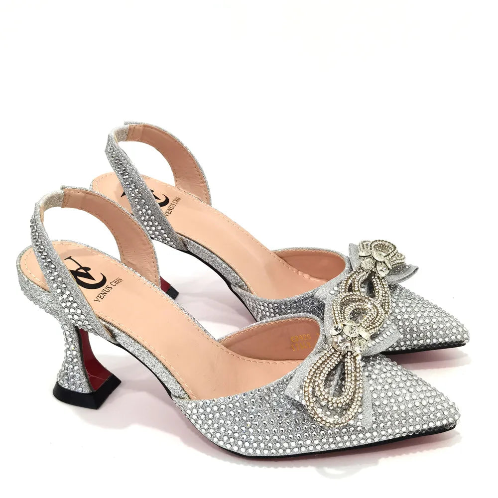 The Latest INS Style Rhinestone Bow Side Empty Party High Heels Pointed Toe Stiletto Heels Silver Women's Shoes And Bags