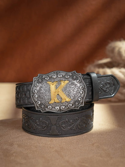 Western Cowboy PU Leather Belt - Men Waist Strap Bull Decoration Floral Engraved for Jeans