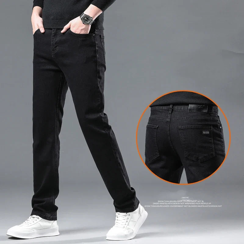 Men's Pure Black Jeans Version Trendy Straight Fit Pants Men's Comfortable  Elastic Classic Business Jeans brand Denim Trousers