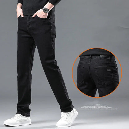 Men's Pure Black Jeans Version Trendy Straight Fit Pants Men's Comfortable  Elastic Classic Business Jeans brand Denim Trousers