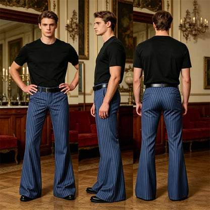 Men's Polyester Blend High Waist Flared Pinstripe Pants Soft Breathable Disco Party Retro Stage Nightclub Spring Summer Trousers