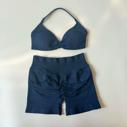 Yoga Gym Set Women Seamless Strappy Yoga Bra Top High Waist Workout Scrunch Shorts Sports Set Fitness Clothes Sportswear