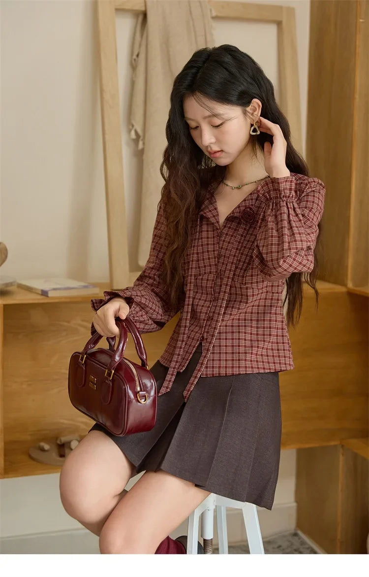 Women's Red Tied Plaid Shirt 2025 Autumn New Arrival Sweet 3D Floral Turn-Down Collar Long-Sleeve Blouse Women MXE45X2481