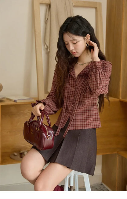 Women's Red Tied Plaid Shirt 2025 Autumn New Arrival Sweet 3D Floral Turn-Down Collar Long-Sleeve Blouse Women MXE45X2481