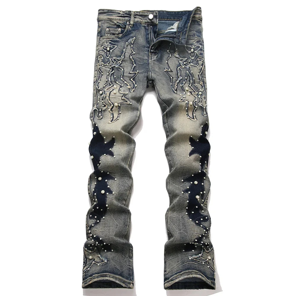Men's Pearl Boot Cut Denim Jeans Embroidery Patch Slim Flared Pants Casual Streetwear Vintage Blue Trousers