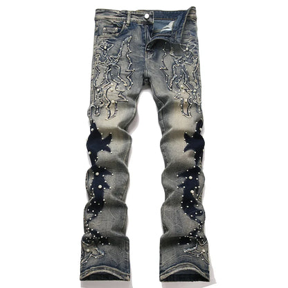 Men's Pearl Boot Cut Denim Jeans Embroidery Patch Slim Flared Pants Casual Streetwear Vintage Blue Trousers