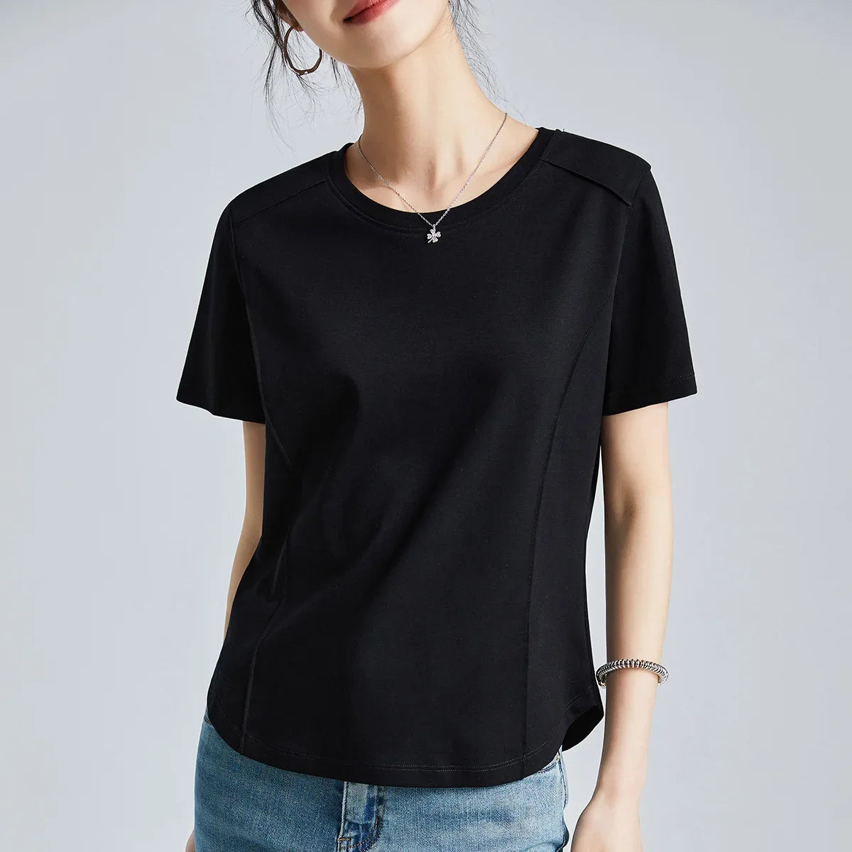 Summer Women's White Mercerized Cotton T-Shirt | 3D Stitching Round Neck Basic Top | Plus Size Slim Fit Layered Casual Blouse