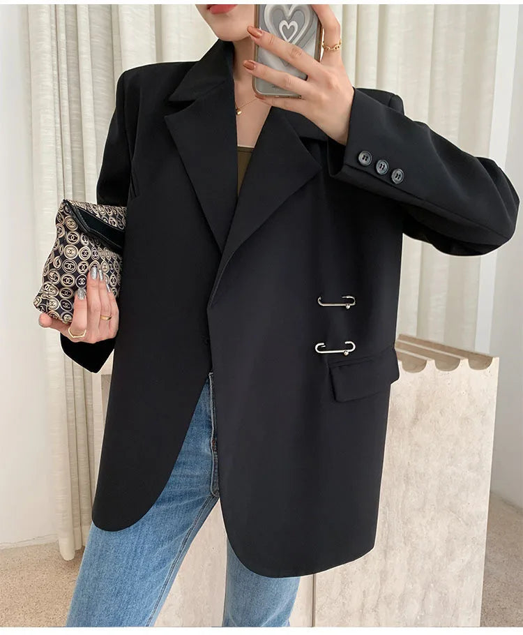 Women Black Oversize Casual Jacket New Lapel Long Sleeve Loose Blazer Fashion Pin Office Ladies Suits Coat Spring Autumn 2023
