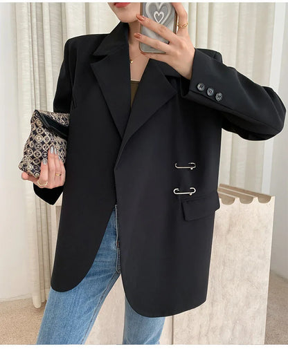Women Black Oversize Casual Jacket New Lapel Long Sleeve Loose Blazer Fashion Pin Office Ladies Suits Coat Spring Autumn 2023