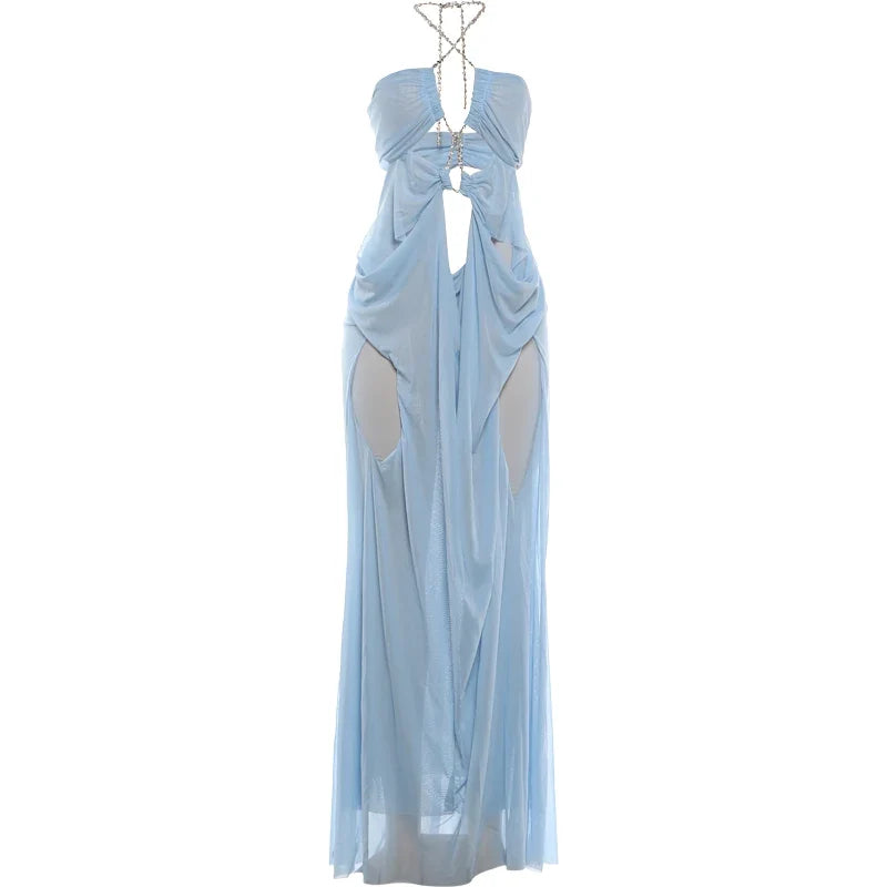 Prom Party Gown Dress Woman Sexy See Through Luxury Chain Halter Low-Neck Backless Sleeveless Midnight Elegant Vestidos