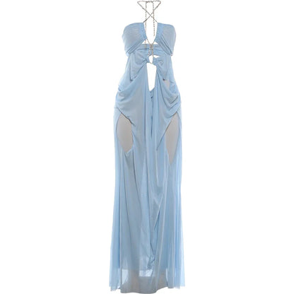Prom Party Gown Dress Woman Sexy See Through Luxury Chain Halter Low-Neck Backless Sleeveless Midnight Elegant Vestidos