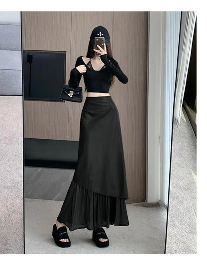تنورة نسائية ريترو، تنورة طويلة بخصر عالٍ وقصة A-line بتصميم جديد للخريف المبكر من الجلد بخياطة غير متماثلة