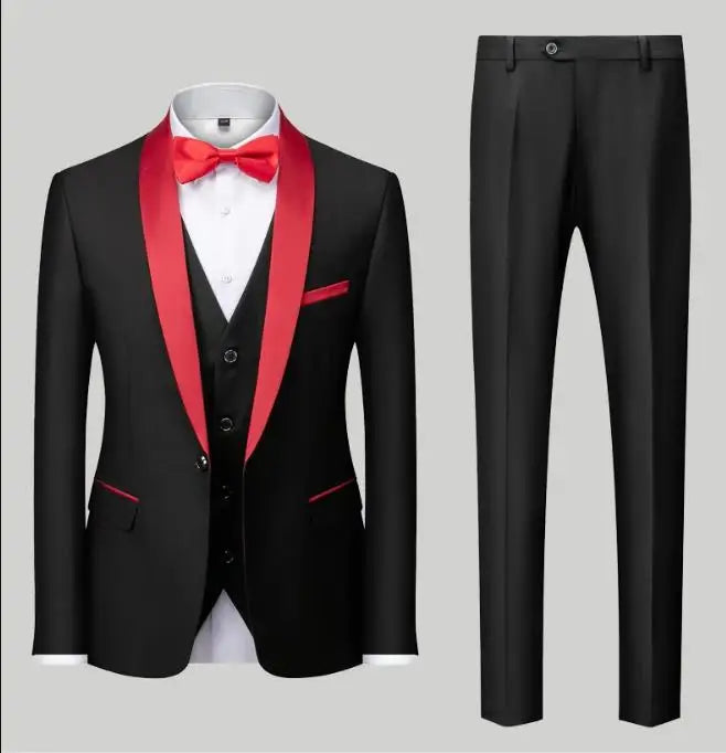 Royal Blue/Burgundy Man Suits Classic Black Lapel Wedding Suits 3 Pieces (Jacket+Pants+Vest)
