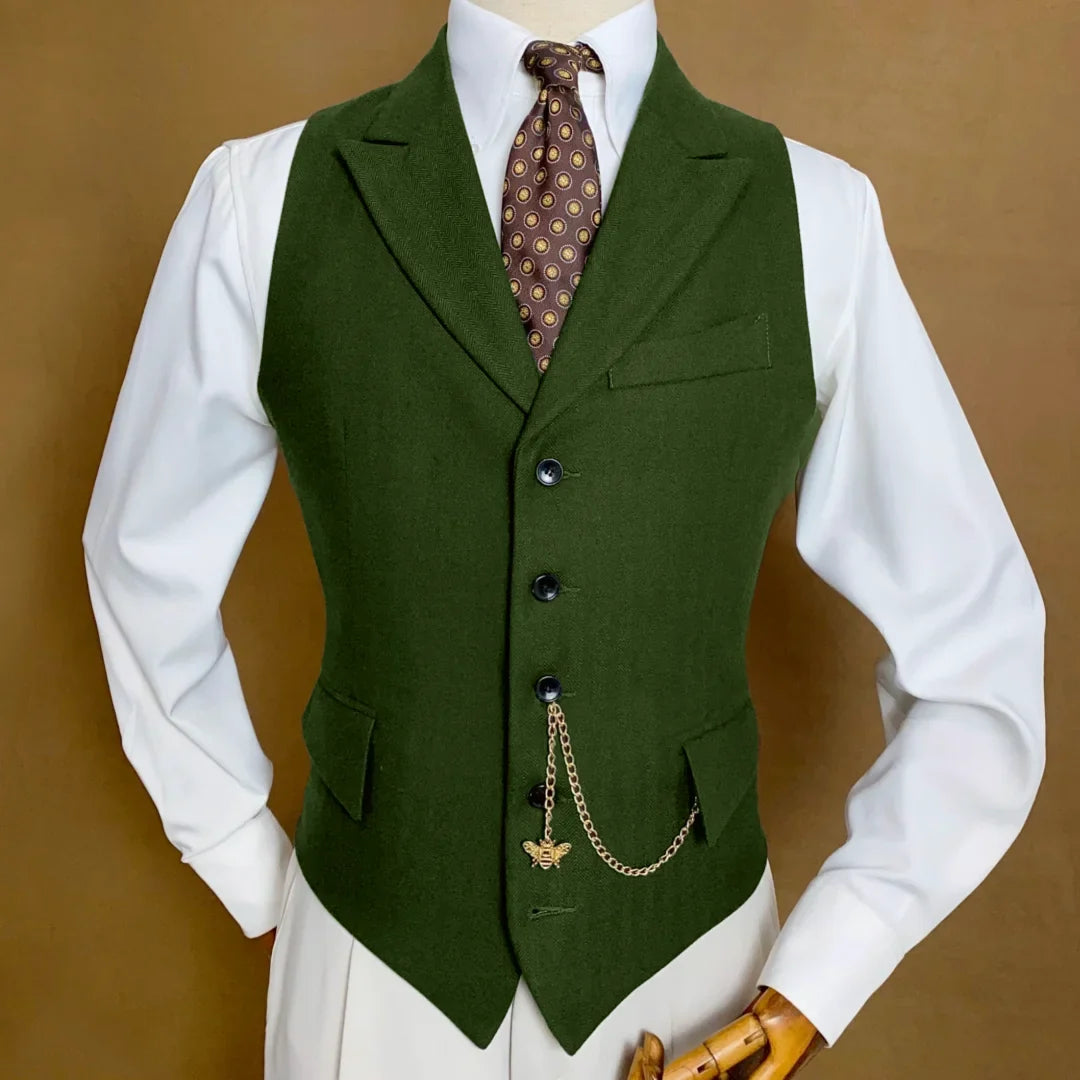 Men Vest Mossy Green Herringbone With Lapel Single Button Waistcoat For Wedding Party Business Work Daily Casual Men Suit Vest