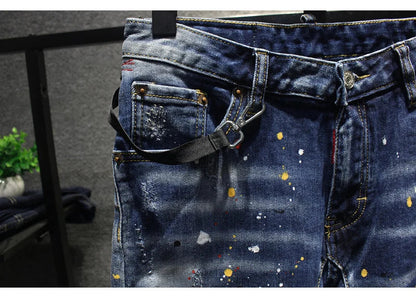 Street Fashion Men Jeans Retro Blue Stretch Slim Fit Spliced Ripped Jeans Men Painted Designer Hip Hop Vintage Denim Pants Homme