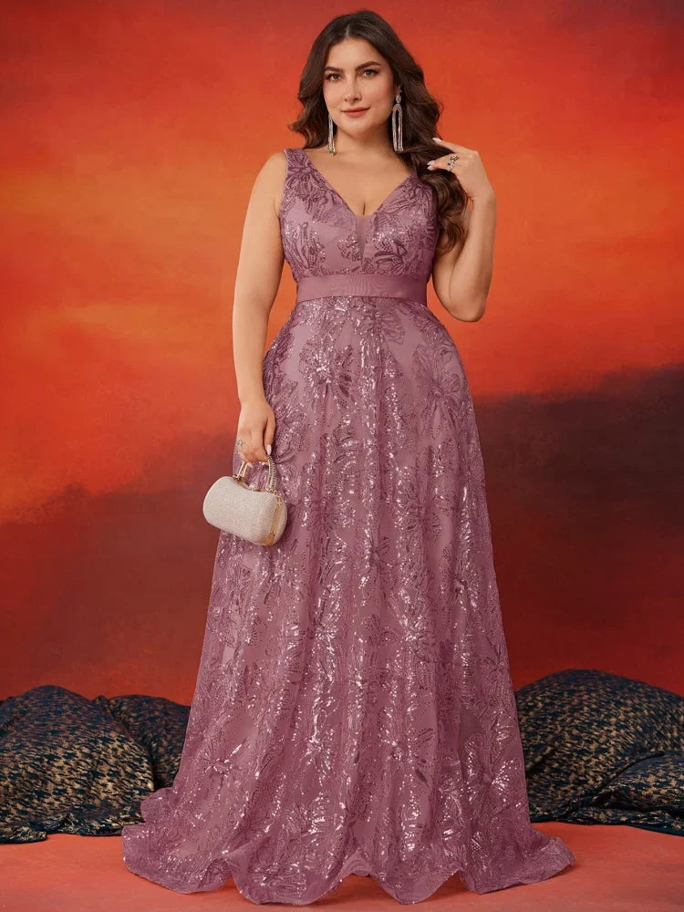 Plus Size Luxury Deep V-Neck Sequins Blue Evening Dress Women Elegant V-back Wedding Party Long Prom Cocktail Dresses