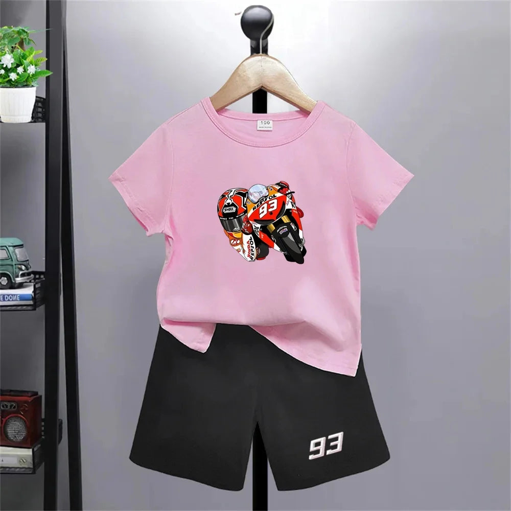Summer Red Short Sleeve T Shirt + Shorts 2 Piece Motorcycle Race Car Number 93 Children Clothes Casual Boy Girl Kid Tracksuit