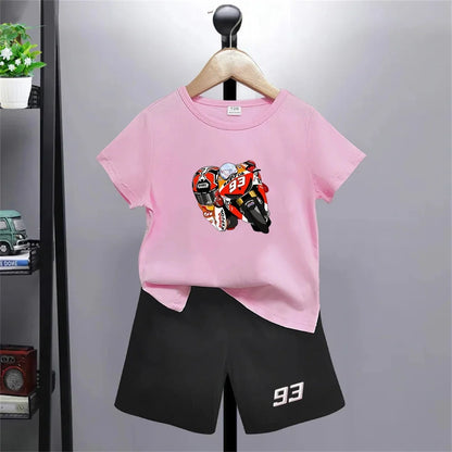 Summer Red Short Sleeve T Shirt + Shorts 2 Piece Motorcycle Race Car Number 93 Children Clothes Casual Boy Girl Kid Tracksuit