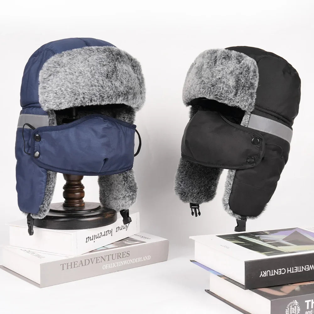 Men's Outdoor Fleece-Lined Thick Warm Reflective Strip Lei Feng Hat with Removable Mask Ear Flap Bomber Hat Winter Pilot Cap