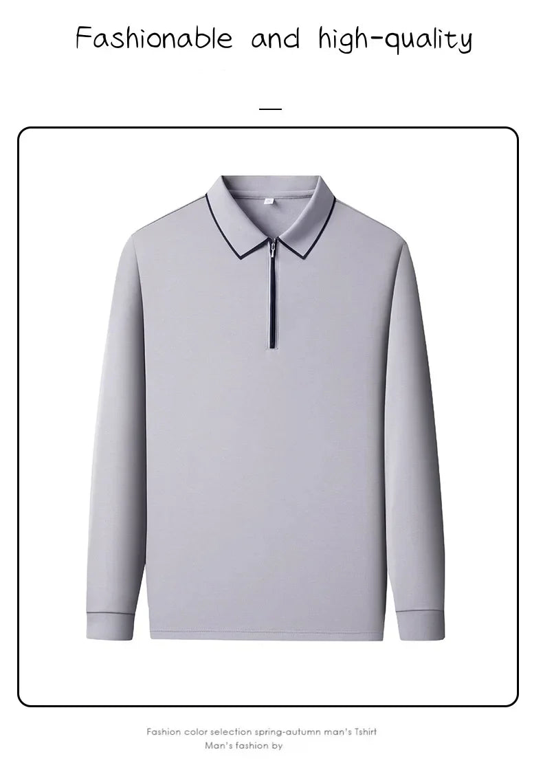 Light luxury brand long sleeved men's polo shirt autumn fashion flip collar half zipper design boutique top silk casual T-shirt
