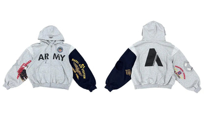2026 Patchwork ARMY Vintage Damaged Cardigan Pullover Men Women Best Quality Hoodie