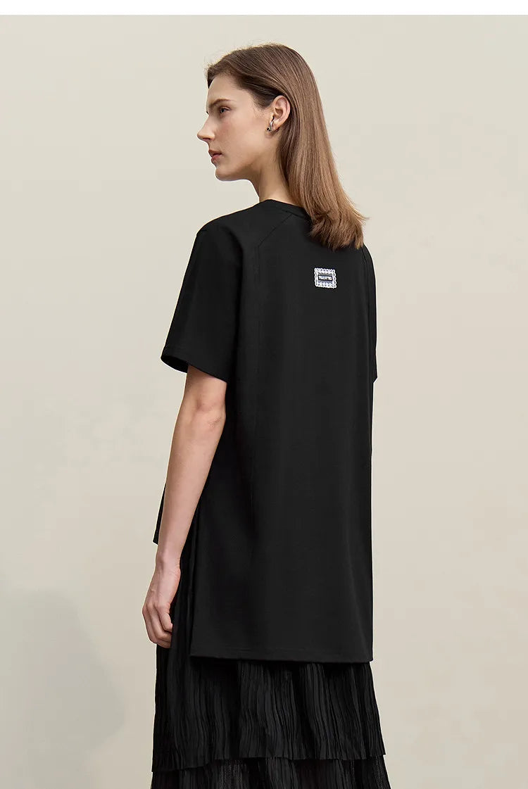 T-shirt Women 2026 Summer New O-Neck Side Slit Cotton Tee Embroidered Letter Lace Accent Women's Short Sleeve Tee 12652029