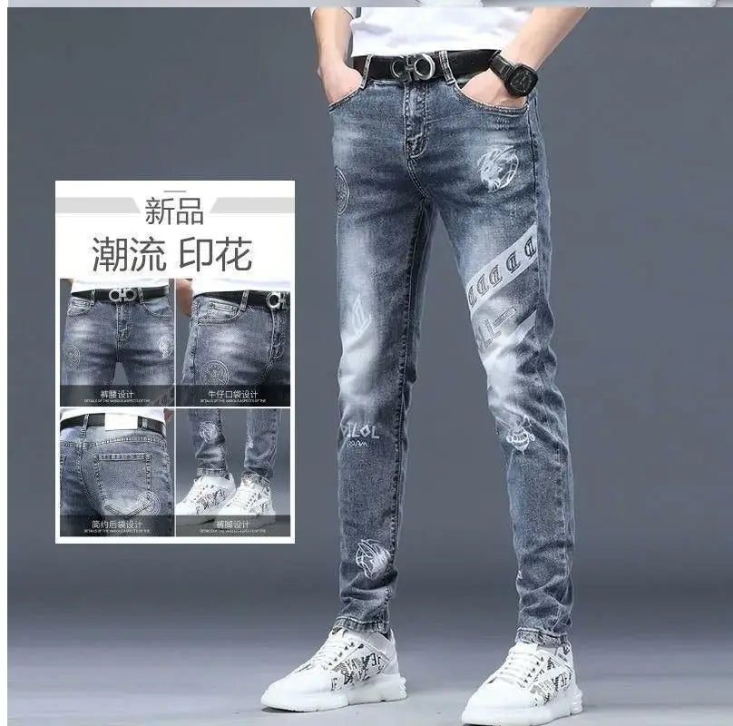 High End Stylish Classic Distinctive Printed Black Stretch Denim Jeans for Men High Quality Slim Fit Stretch Luxury Denim Pants