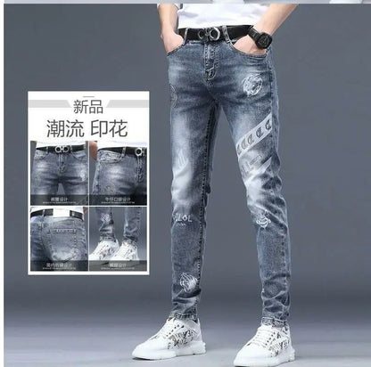High End Stylish Classic Distinctive Printed Black Stretch Denim Jeans for Men High Quality Slim Fit Stretch Luxury Denim Pants