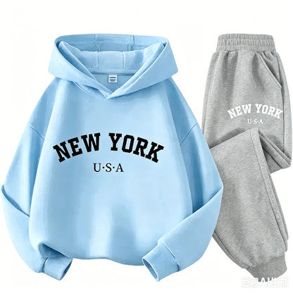 Children Hoodie Set Autumn Winter New York USA Letter Graphic Sweatshirt Pant Suit Baby Boy Girl Kid Sport Two Pieces Tracksuit