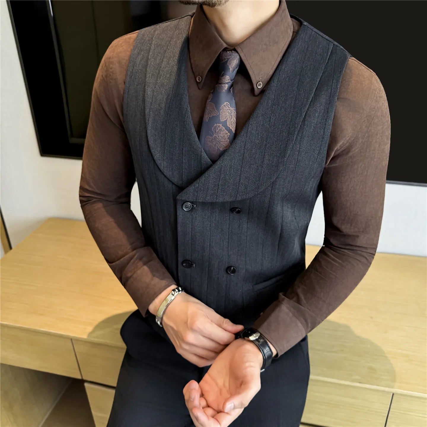 ( Vest+Pants) Autumn Winter Thicken Wool Striped Suit Vest 2 pieces Men Fashion Slim Fit Business Casual Wedding Dress Vest Sets