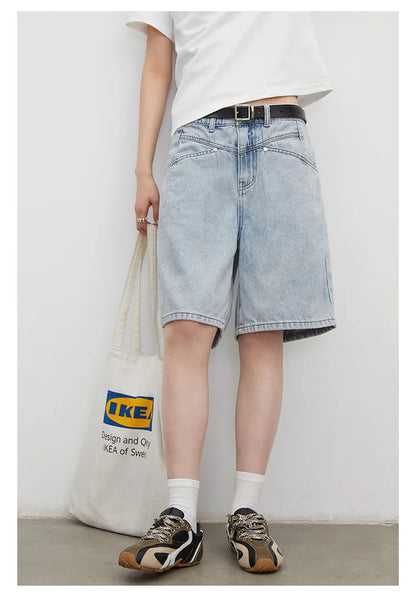 Fashion Women Shorts Mid-length Blue New Dividing Line Design Retro Washed Cotton Straight Leg Short Jeans Summer 2026