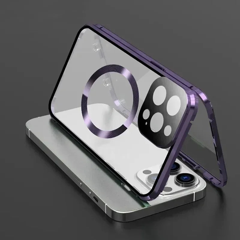 Metal Magnetic Case For Magsafe iPhone 17 Pro Max 16 15 14 13 12 Pro Max Plus Lens Protection Double Sided Glass Snap Lock Cover