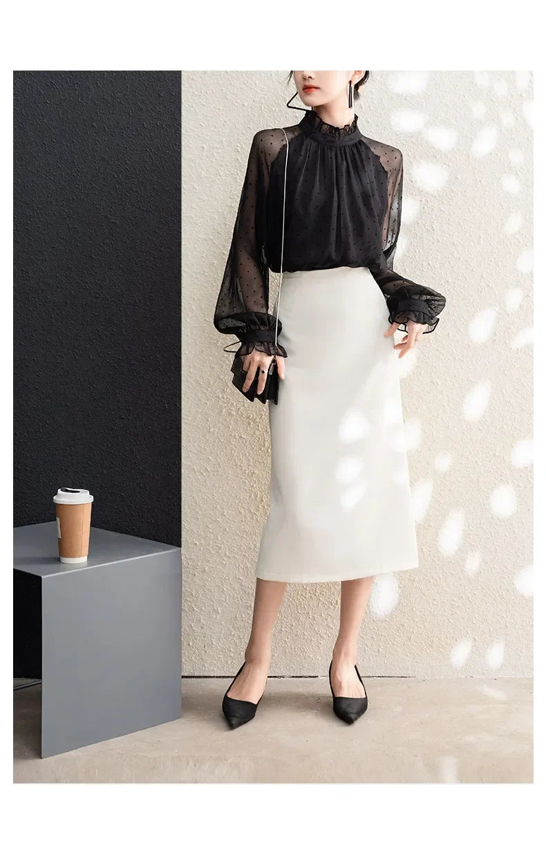 Spring Summer Black Polka Dots Mesh Women's Chiffon Blouses 2025 New Long Sleeve Stand Collar Vintage Loose Shirts Female