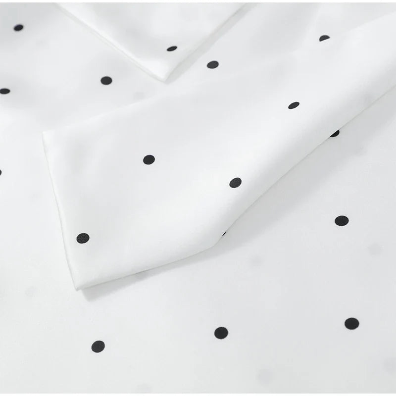 Satin Scarf Neck Polka Dot Printing Women Blouse Fashion Full Sleeve Loose Basic Shirt Lady Spring New Highstreet Commute Wears